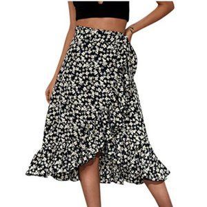 Shein Boho Black and White Floral Ruffle Slit Leg Wrap Skirt